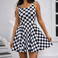 Black White Checkerboard Pattern Skater Dress