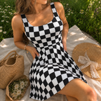 Black White Checkerboard Pattern Skater Dress