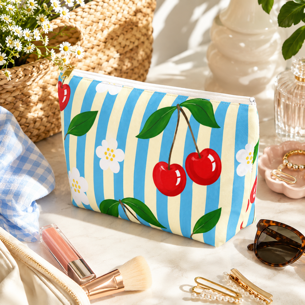 Cherry Blossom Stripe Accessory Pouch | T-Bottom Cosmetic Bag
